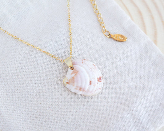 A white peach banded Venus shell necklace on a gold stainless steel chain, displayed on a white fabric background.