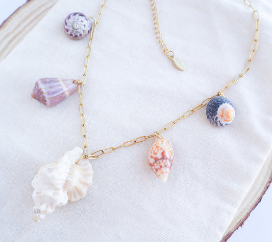 5 Shell Charm Necklace on display, ocean-inspired jewelry from Portugal