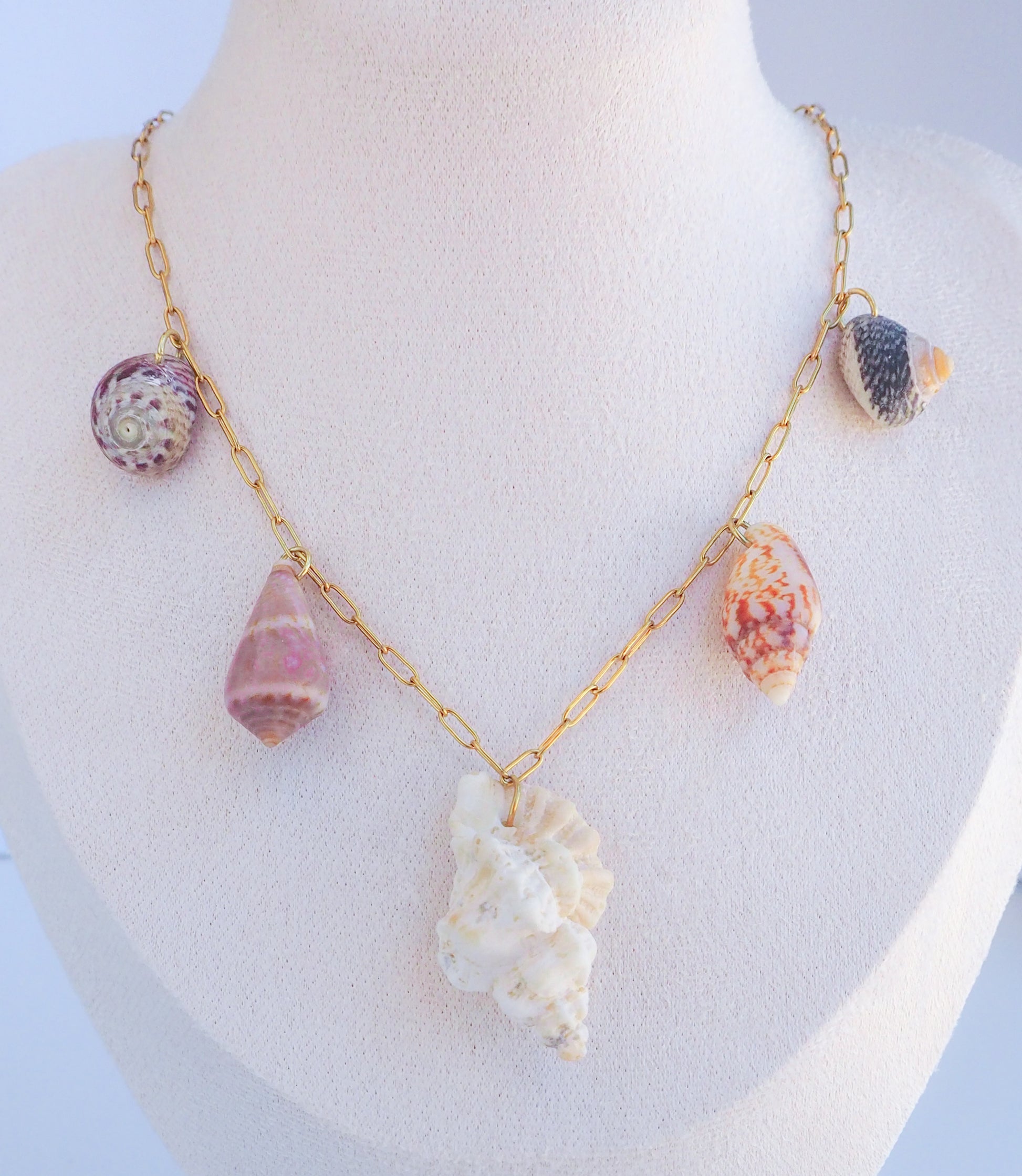 5 Shell Charm Necklace on neck, ocean-inspired jewelry from Portugal