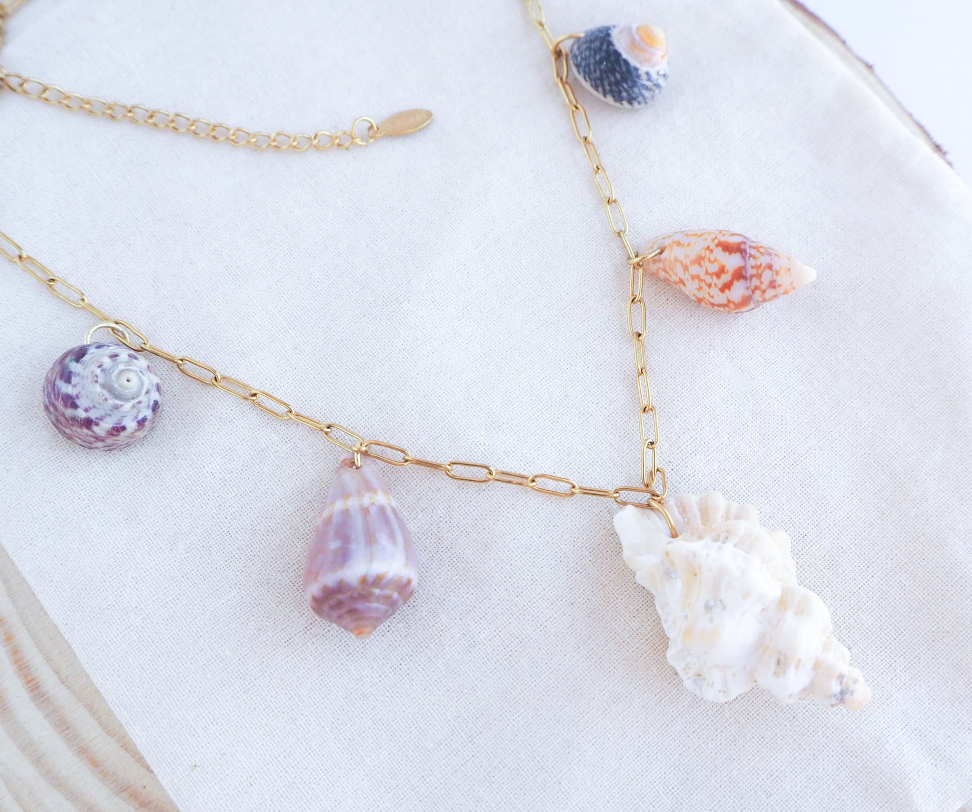 5 Shell Charm Necklace left side, ocean-inspired jewelry from Portugal