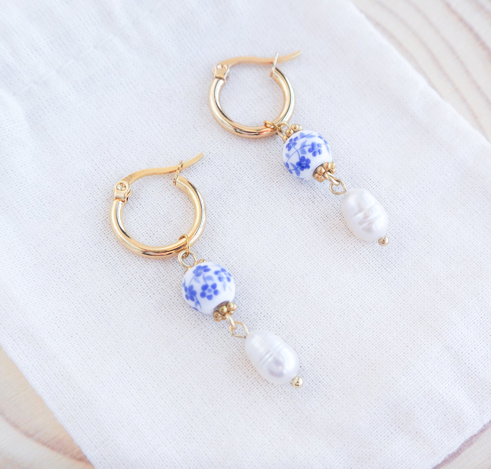 Azulejo Pearl Gold Earrings from Portugal, Lisbon Tile Jewelry on display