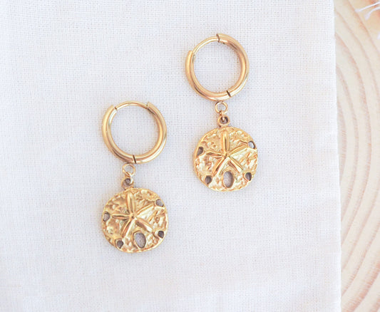 Gold Sand Dollar Hoop Earrings on display
