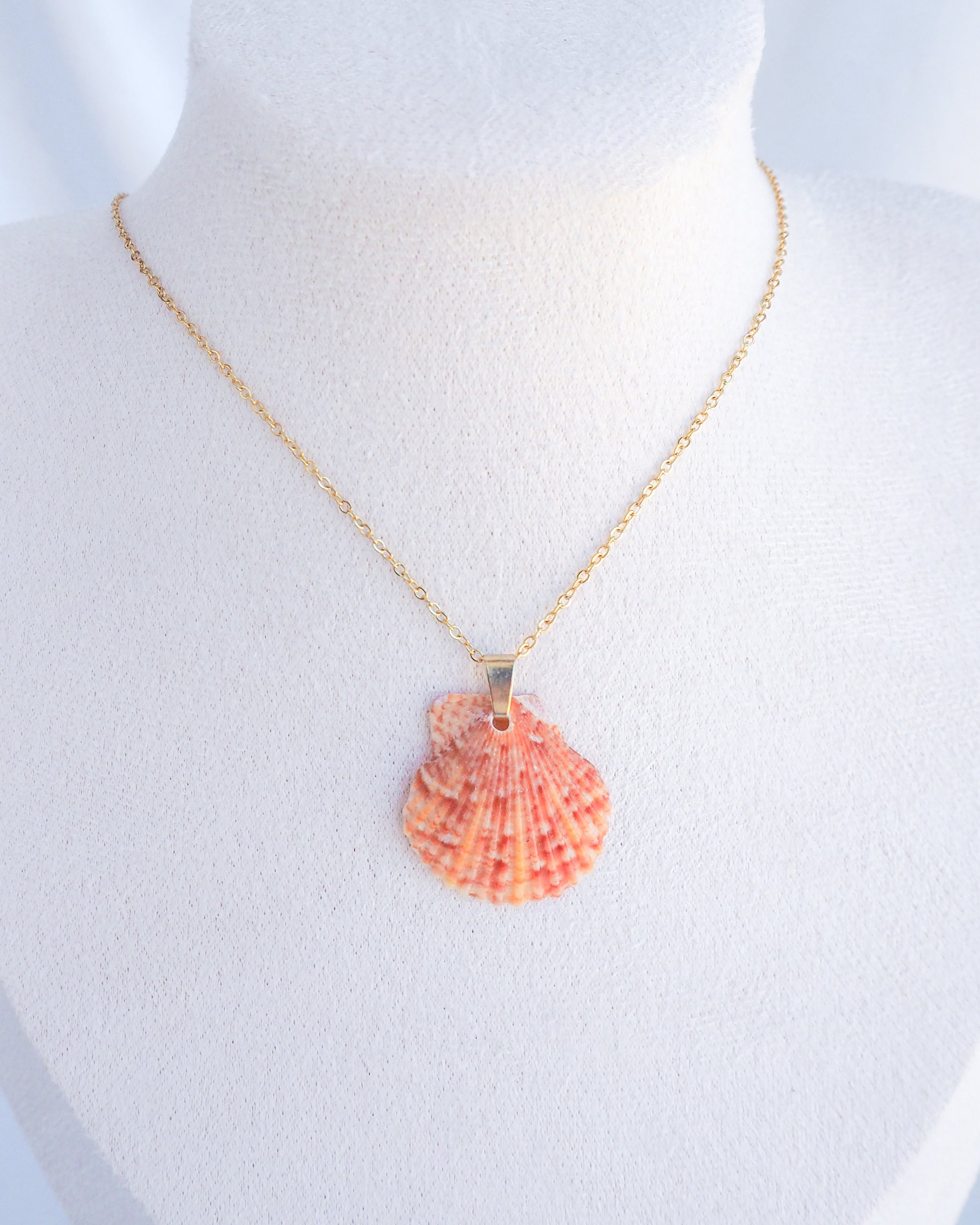Sunrise Scallop Shell Necklace, Orange Scallop Shell from Portugal on neck