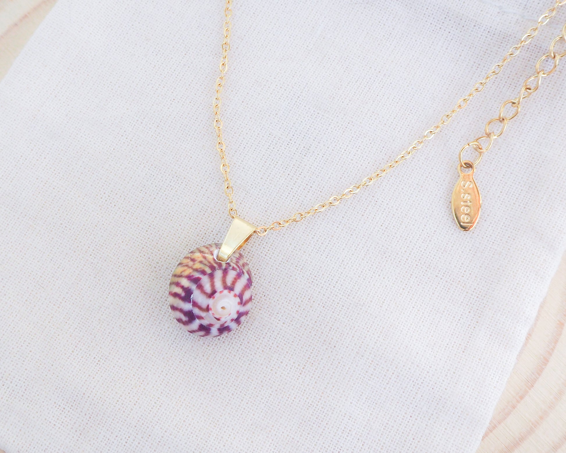 Striped Top Shell Necklace, Bordeaux red shell from portugal 