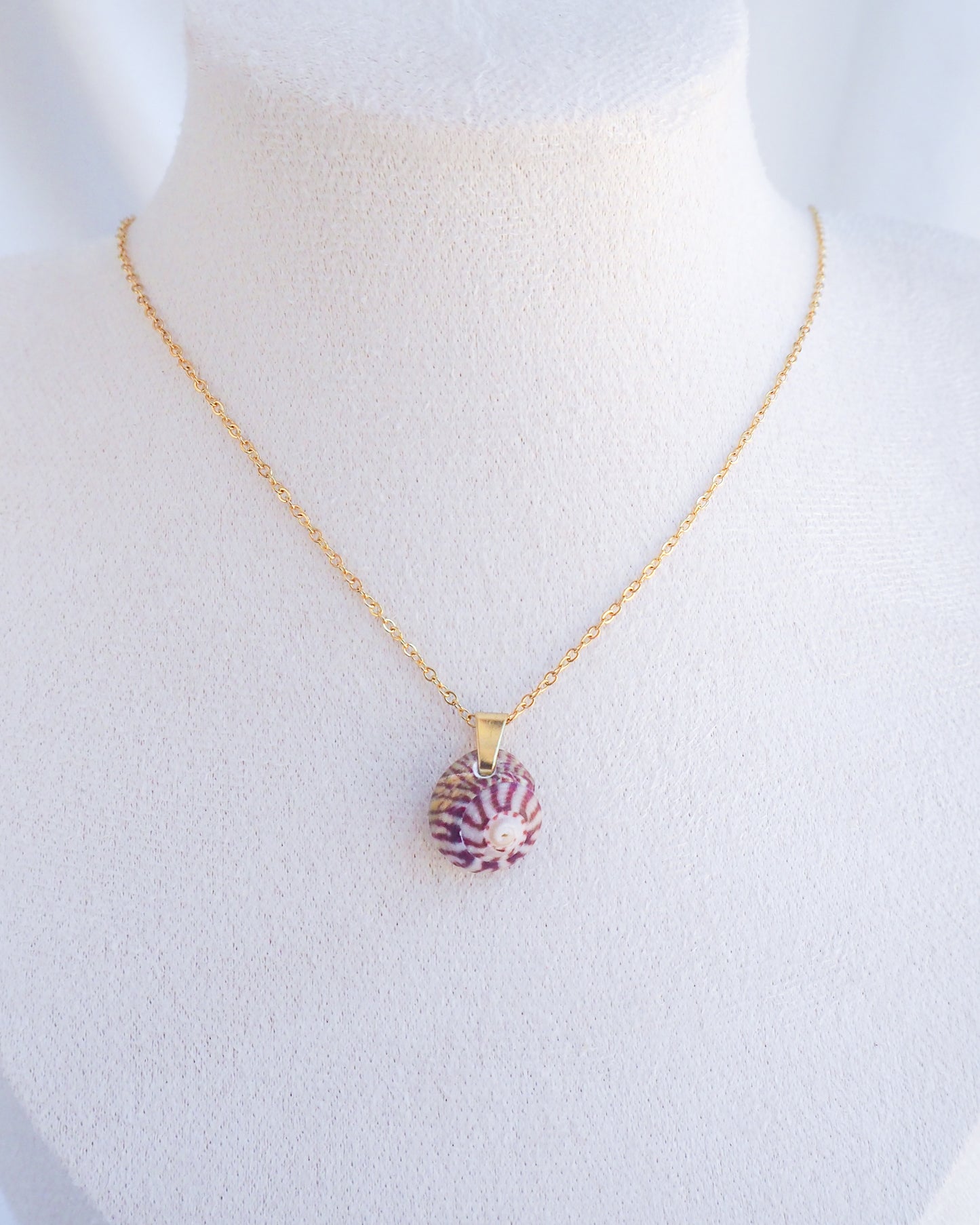 Striped Top Shell Necklace, Bordeaux red shell from portugal on model