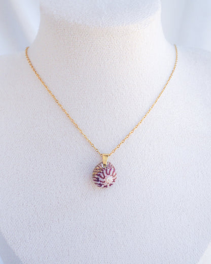 Striped Top Shell Necklace, Bordeaux red shell from portugal on model
