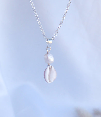 Silver Cowrie Shell Pearl wedding Necklace White Pearl  