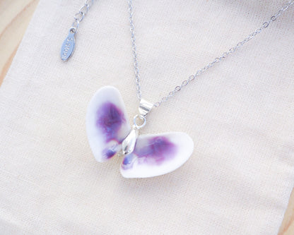 Purple Coquina Shell Butterfly Silver Necklace IV on display side view