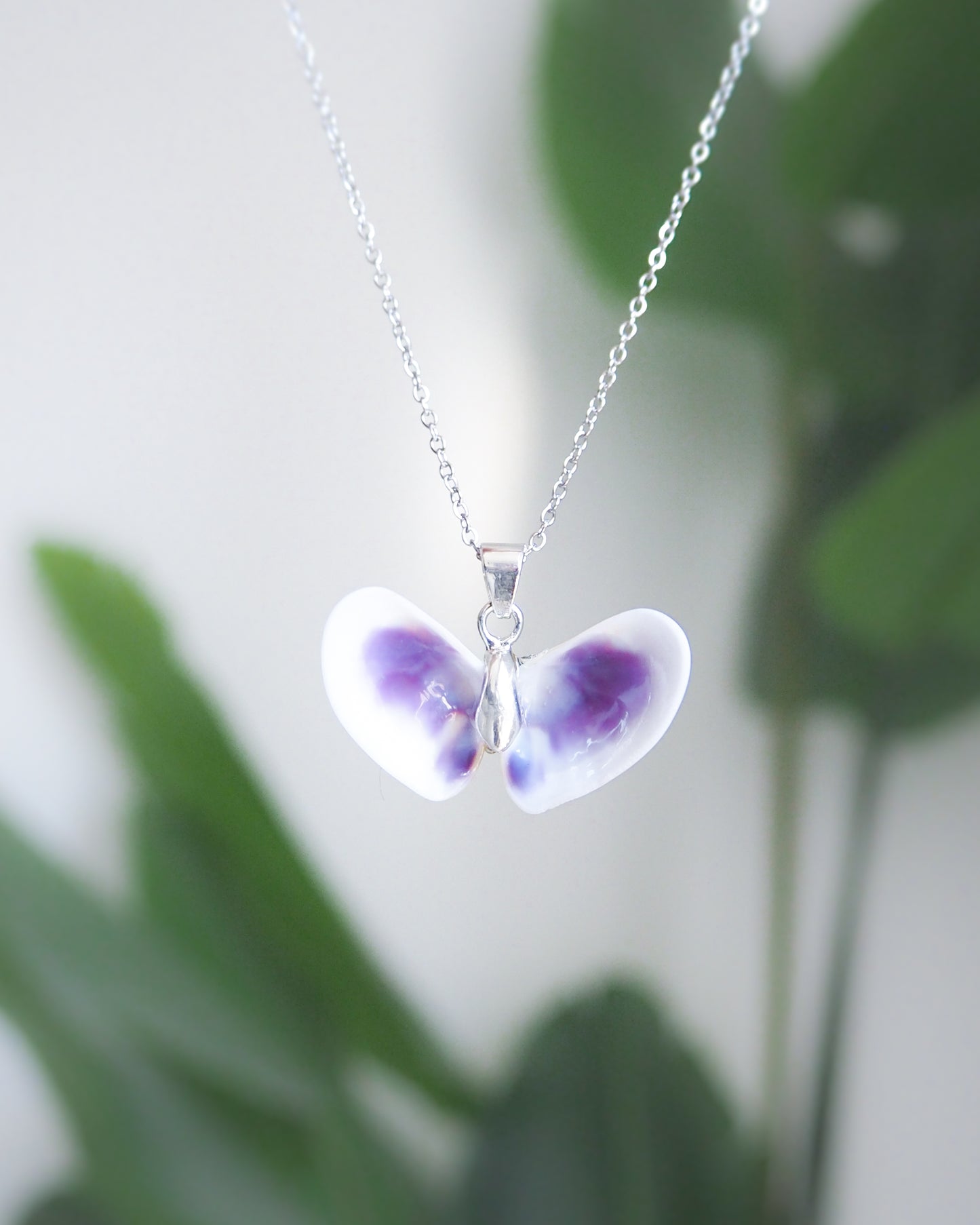 Purple Coquina Shell Butterfly Silver Necklace IV front view