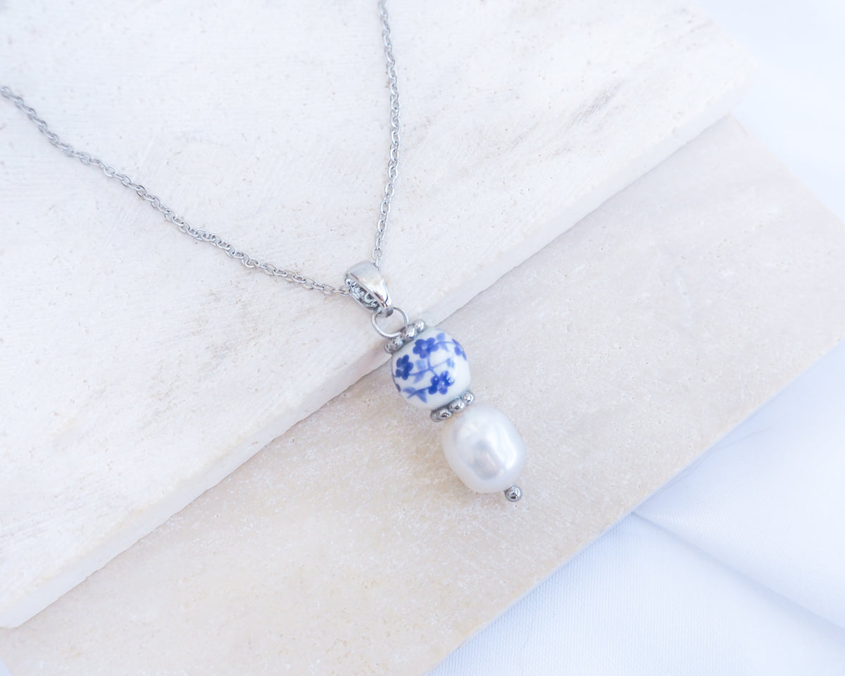 PORTUGUESE NECKLACE - Gold or Silver Ceramic Azulejo Pearl