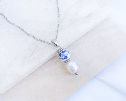 PORTUGUESE NECKLACE - Gold or Silver Ceramic Azulejo Pearl
