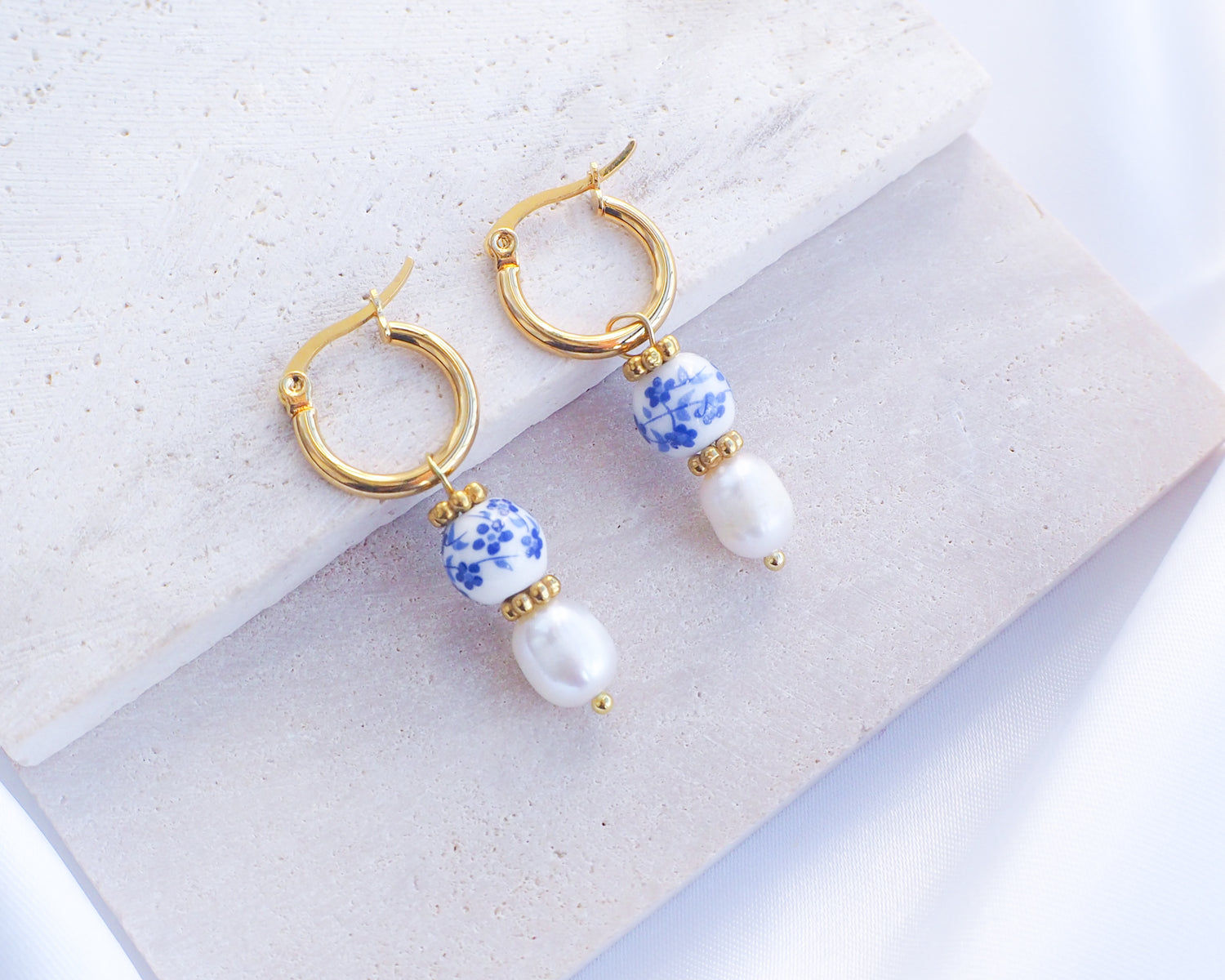 Portuguese Ceramic Pearl Earrings on display, Azulejo Earrings from Portugal, Portuguese Tlle Jewelry, Blue White Flower Porcelain Earringsn 