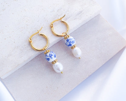 Portuguese Ceramic Pearl Earrings on display, Azulejo Earrings from Portugal, Portuguese Tlle Jewelry, Blue White Flower Porcelain Earringsn 