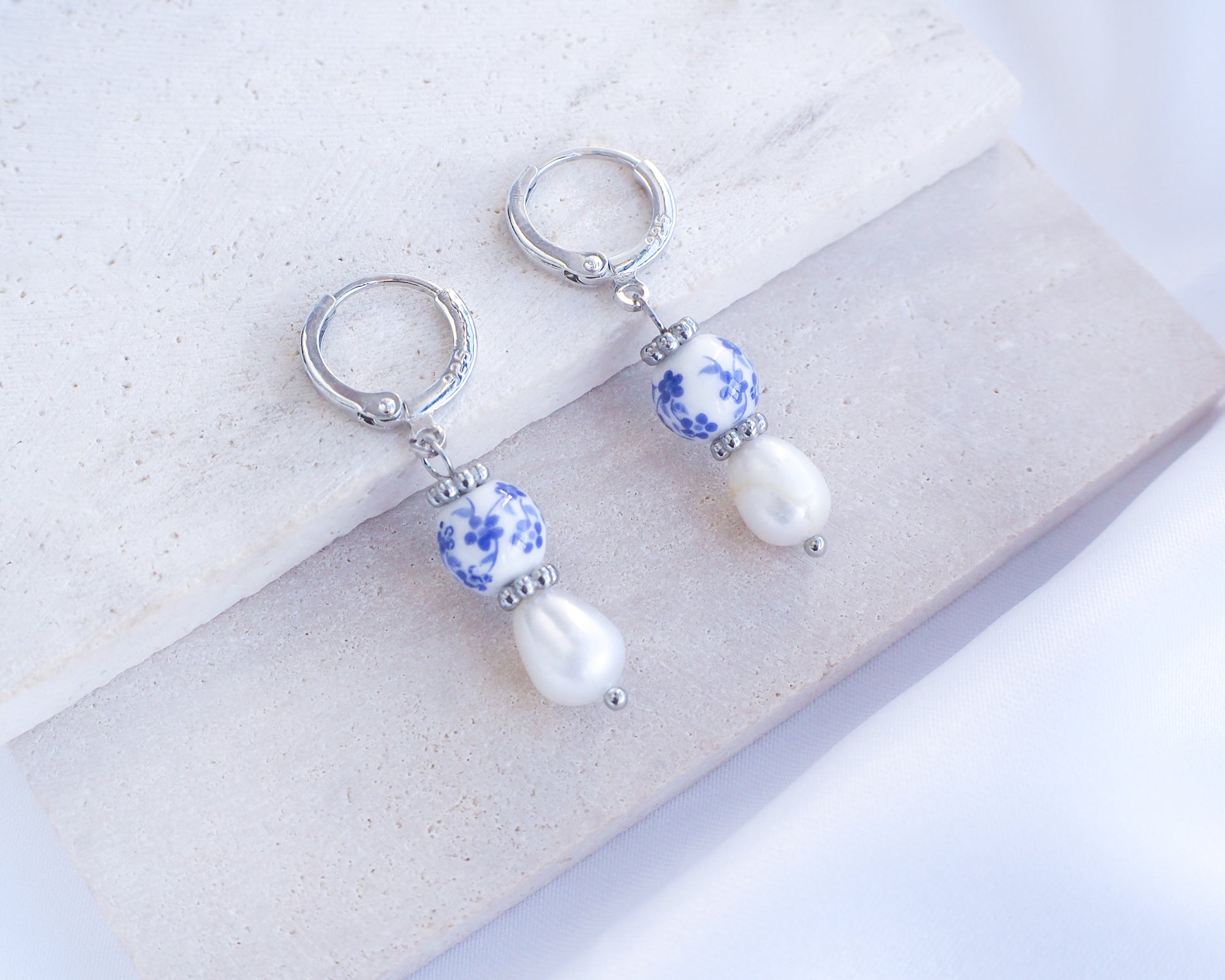Silver Portuguese Ceramic Pearl Earrings on stone, Azulejo Earrings from Portugal, Portuguese Tlles, Blue White Flower Porcelain Earrings