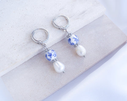 Silver Portuguese Ceramic Pearl Earrings on stone, Azulejo Earrings from Portugal, Portuguese Tlles, Blue White Flower Porcelain Earrings