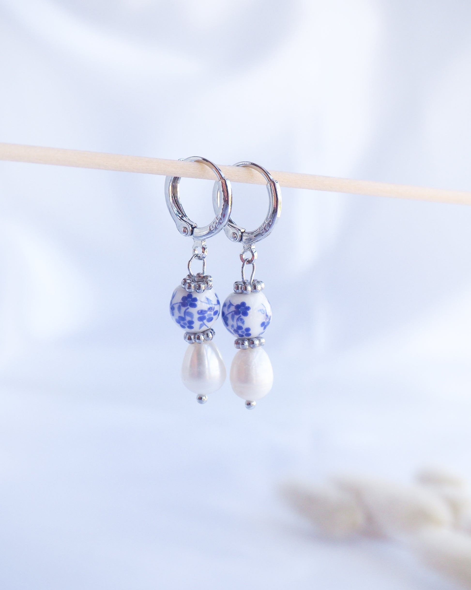 Silver Portuguese Ceramic Pearl Earrings with white background, Azulejo Earrings from Portugal, Portuguese Tlles, Blue White Flower Porcelain Earrings