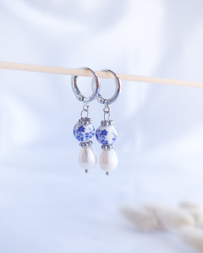Silver Portuguese Ceramic Pearl Earrings with white background, Azulejo Earrings from Portugal, Portuguese Tlles, Blue White Flower Porcelain Earrings