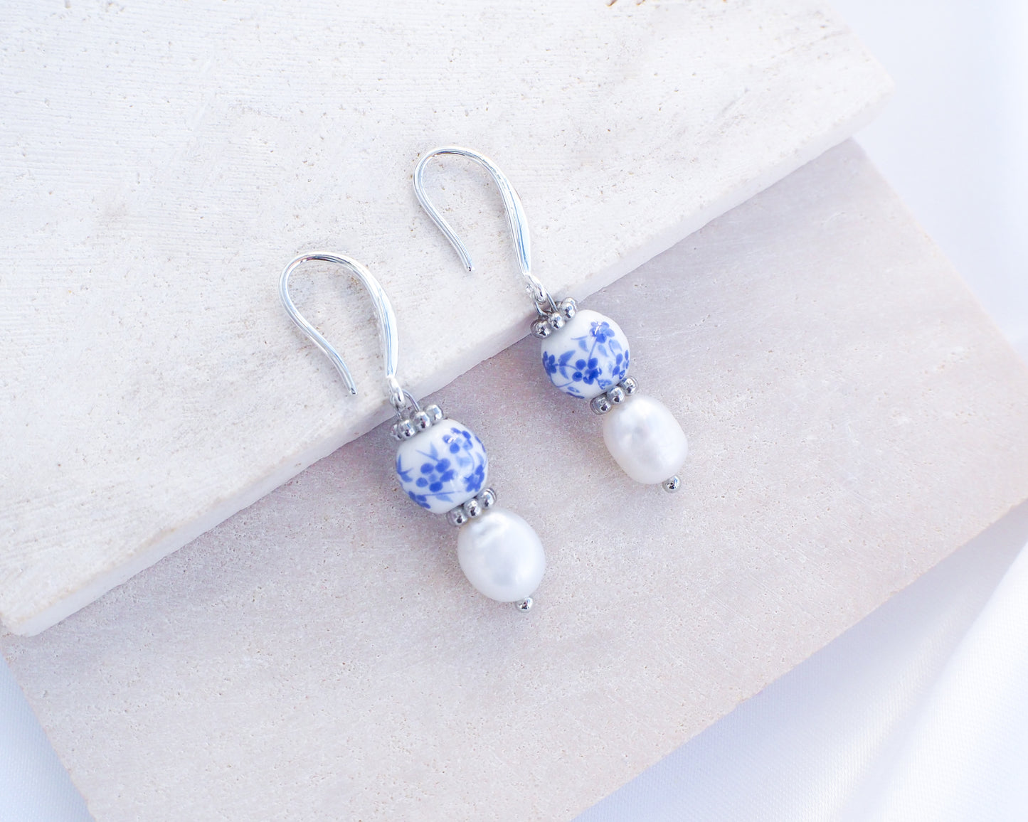 Portuguese Ceramic Pearl 925 Silver Earrings on display, Azulejo Earrings from Portugal, Portuguese Tlle Jewelry, Blue White Flower Porcelain Earringsn 