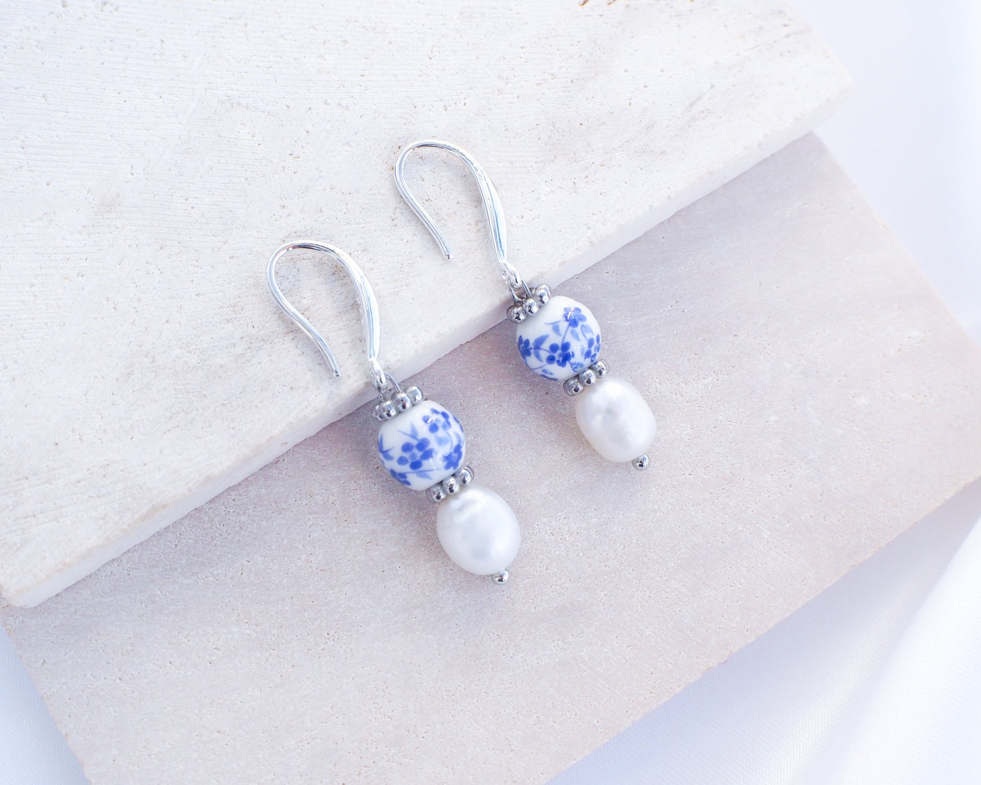 Portuguese Ceramic Pearl 925 Silver Earrings on display, Azulejo Earrings from Portugal, Portuguese Tlle Jewelry, Blue White Flower Porcelain Earringsn 