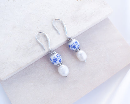 Portuguese Ceramic Pearl 925 Silver Earrings on display, Azulejo Earrings from Portugal, Portuguese Tlle Jewelry, Blue White Flower Porcelain Earringsn 