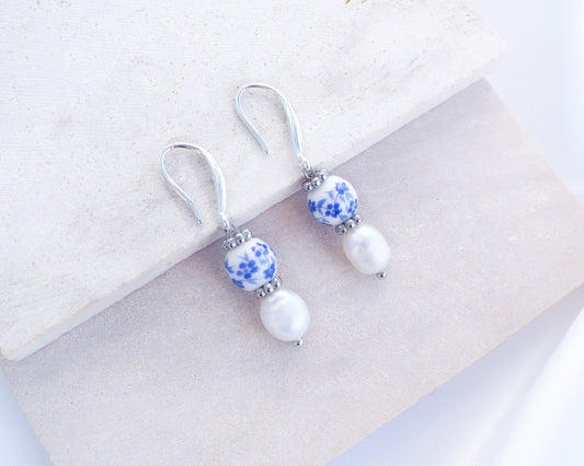 Portuguese Ceramic Pearl 925 Silver Earrings on display, Azulejo Earrings from Portugal, Portuguese Tlle Jewelry, Blue White Flower Porcelain Earringsn 