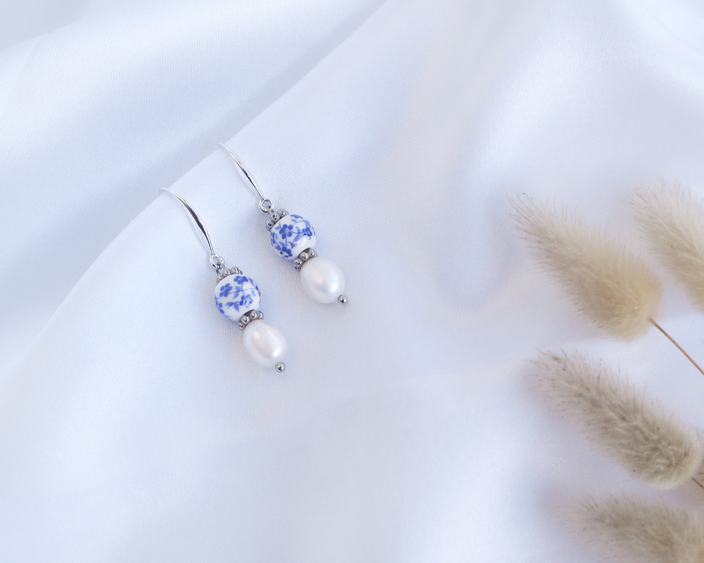Azulejo Silver Earrings from Portugal, Portuguese Tlles, Blue White Flower Porcelain Earrings