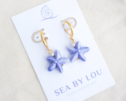 SEA STAR CERAMIC EARRINGS ~ Gold Lilac Blue