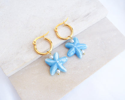 SEA STAR CERAMIC EARRINGS ~ Mid Blue