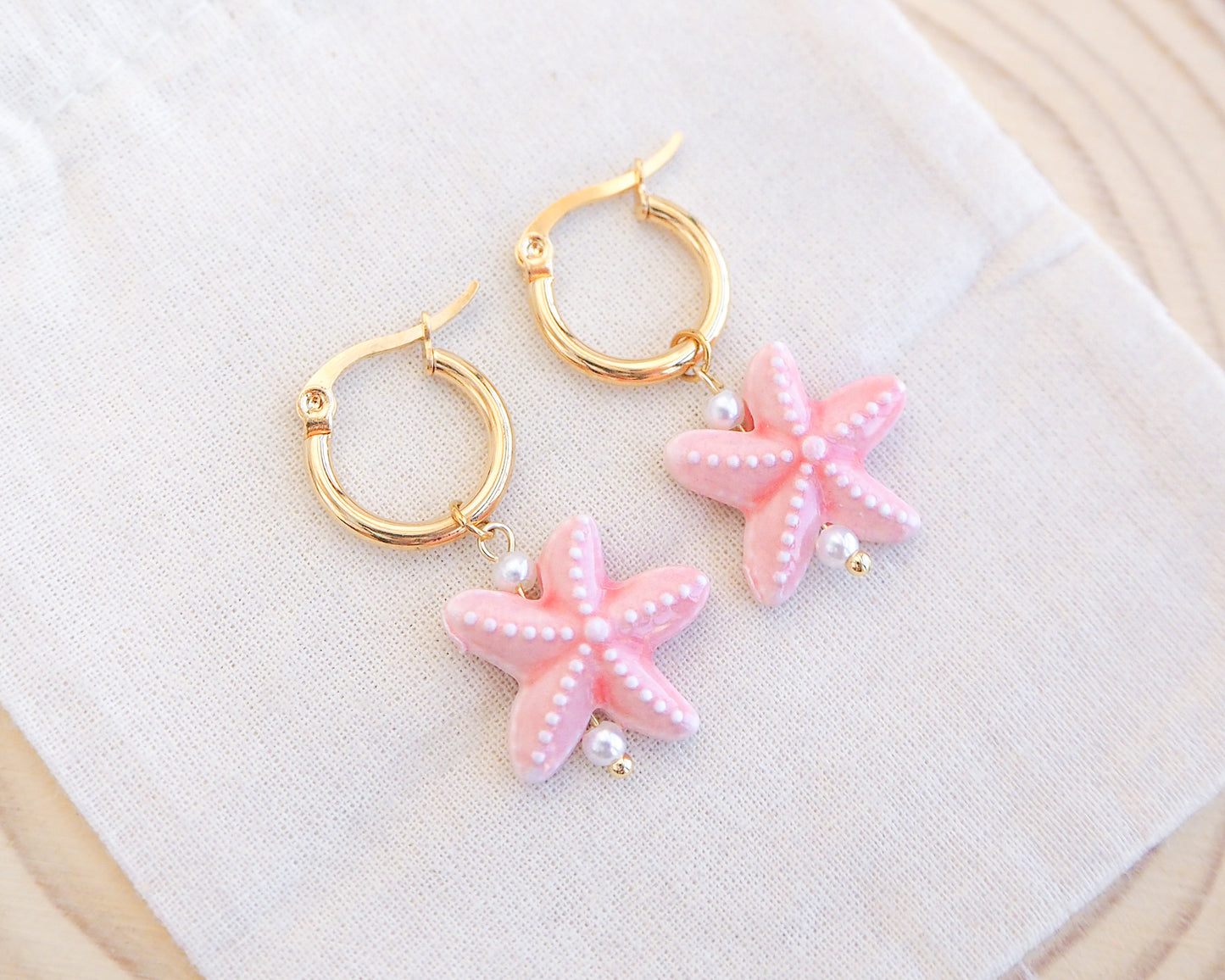 SEA STAR CERAMIC EARRINGS ~ Gold Coral Pink