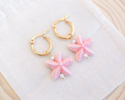SEA STAR CERAMIC EARRINGS ~ Gold Coral Pink