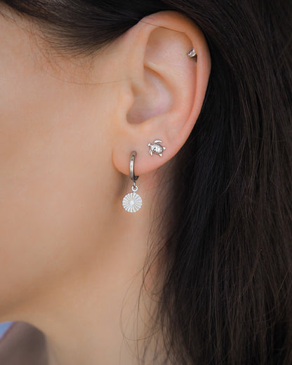 Close-up of an ear wearing a silver sunny hoop earring and a silver turtle stud earring. The hoops are made of silver stainless steel and the turtle stud earring is made of 925 sterling silver.