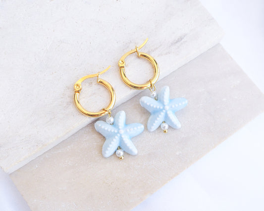 SEA STAR CERAMIC EARRINGS ~ Pastel Blue