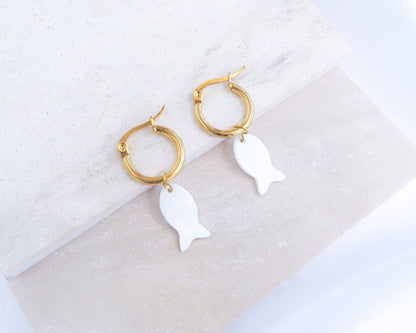 Gold Mother of Pearl Fish Earrings in ear, gold fish shell earrings from Portugal, Starfish Earrings, Sea Star, Coin Sun Earrings