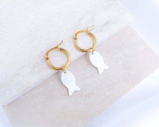 Gold Mother of Pearl Fish Earrings in ear, gold fish shell earrings from Portugal, Starfish Earrings, Sea Star, Coin Sun Earrings