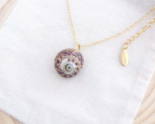 Bordeaux Yellow Striped Top Shell Gold Necklace on display