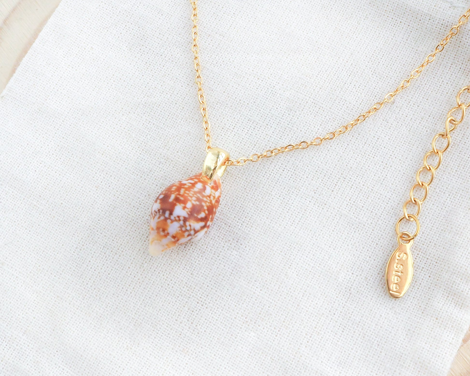 Gold necklace with a shell pendant on a white background. Side view of Tiny Rustic Dove Shell Gold Necklace, Tiny shell from Portugal on display