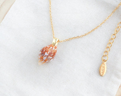 Gold necklace with a shell pendant on a white background. Side view of Tiny Rustic Dove Shell Gold Necklace, Tiny shell from Portugal on display