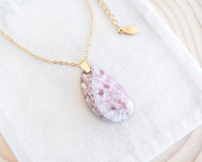 Soft Lilac Abalone Shell Gold Necklace on display