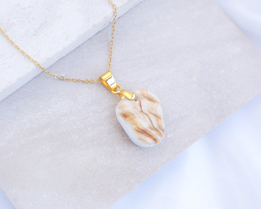 Gold Necklace with Mediterranean Cockle Shell Piece on display, Sunny Shell Necklace from Portugal