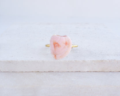 A soft pink seashell ring made with a handpicked venus shell from Portugal, displaying orange and white patterns, set on a thin, gold-coloured band. The gemstone is approximately 2 cm wide.