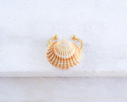 A seashell ring with handpicked mediterranean cockle shell from portugal and 18k gold stainless steel ring. The shell is cream and orange, with a ribbed texture. The hardware is a decorative accent for coastal or nautical-themed furniture.