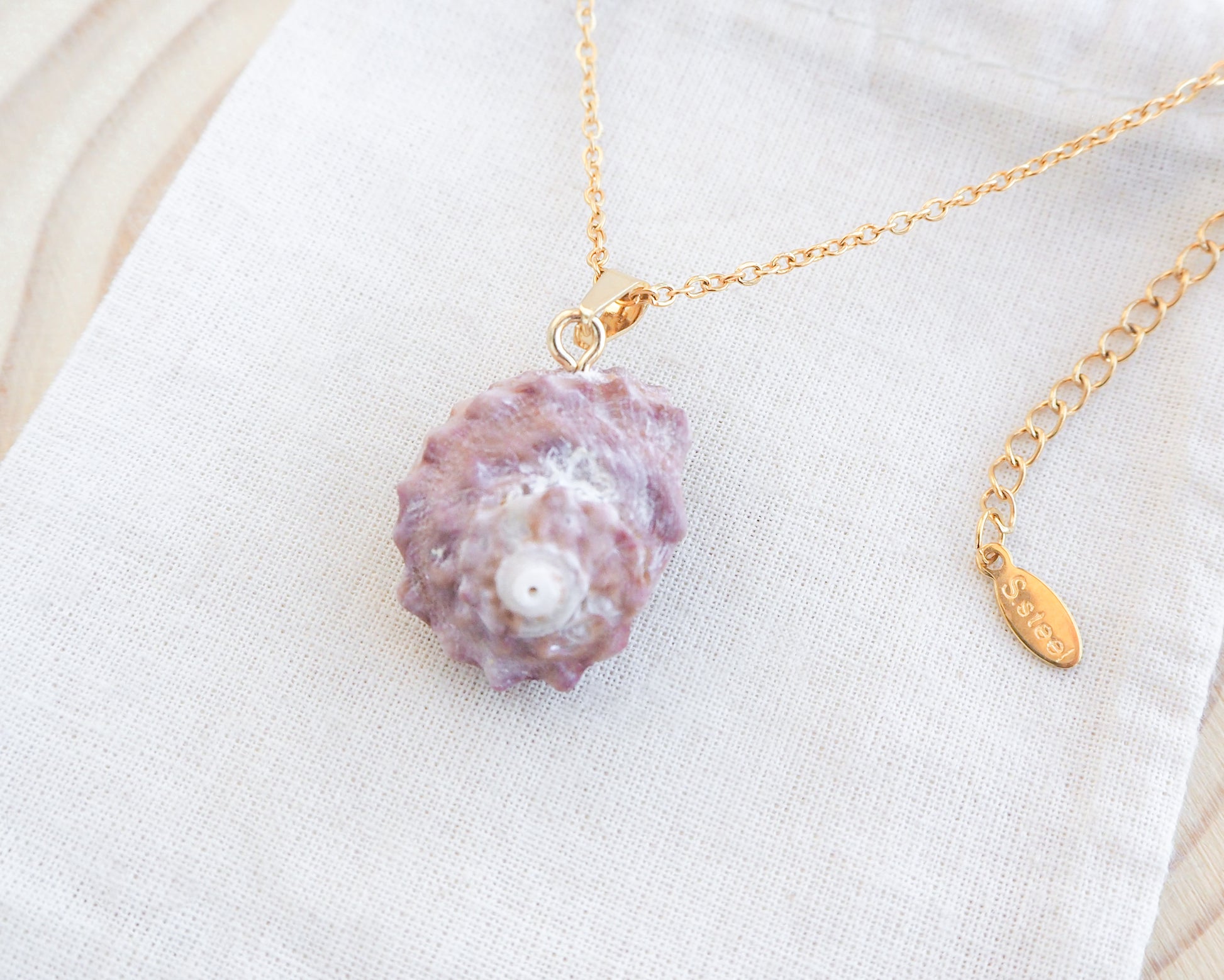 Pinkish Star Shell Gold Necklace on display, Rough Star Shell from Portugal