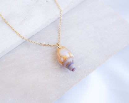 Tiny Light Rustic Dove Shell Gold Necklace displayed on stone front view, Dove Shell Necklace from Portugal, Real Shell Necklace, Sea by Lou
