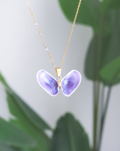 SEASHELL NECKLACE ~ Purple Butterfly Coquina Shells Gold