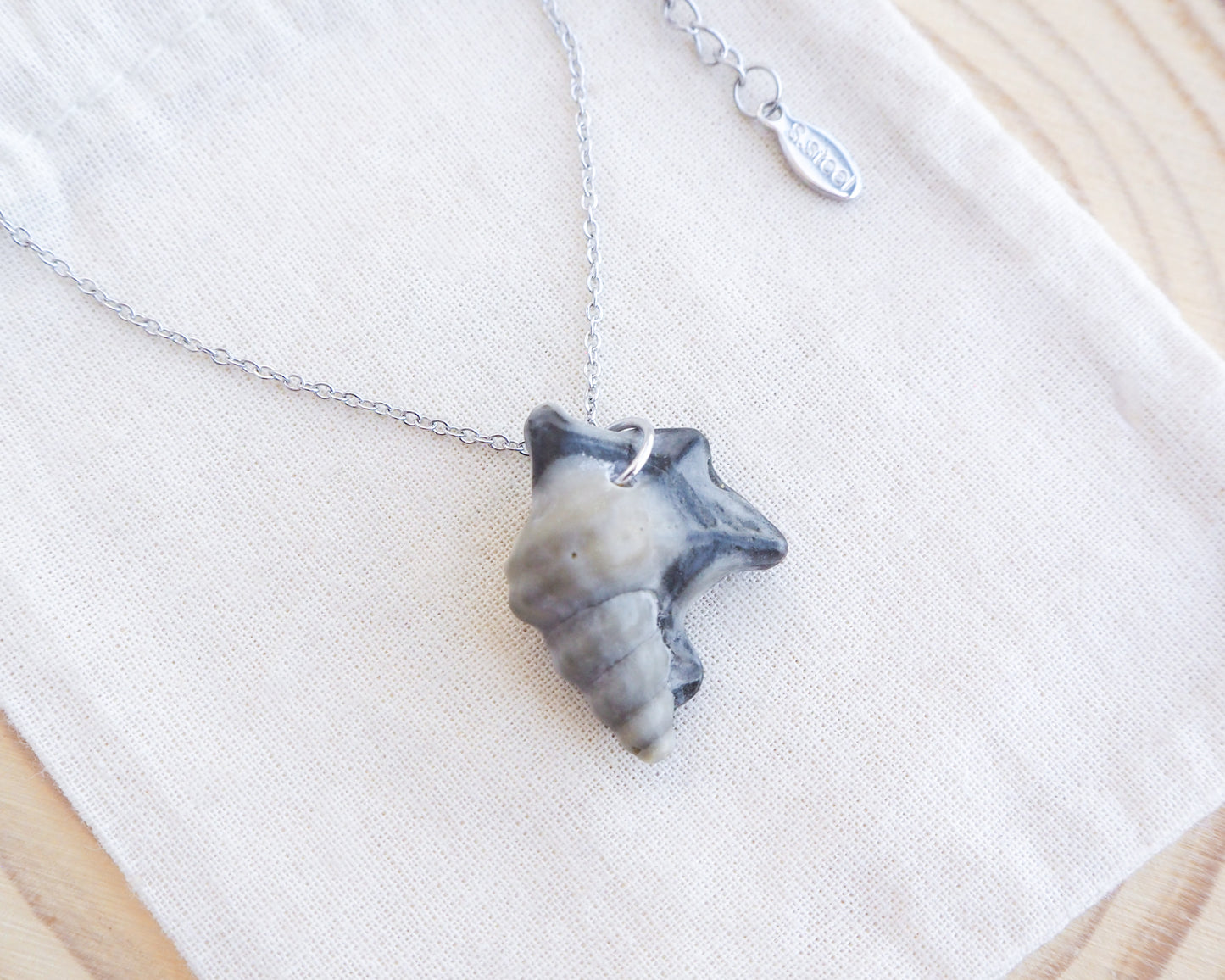 Dark Grey Pelican Foot Shell Necklace on display, Real Grey Shell from Algarve, Portugal, Silver Stainless Steel chain. A silver necklace with a seashell pendant. The pendant is a natural seashell in grey and cream tones, suspended from a fine chain. The necklace is displayed on a light-coloured surface.