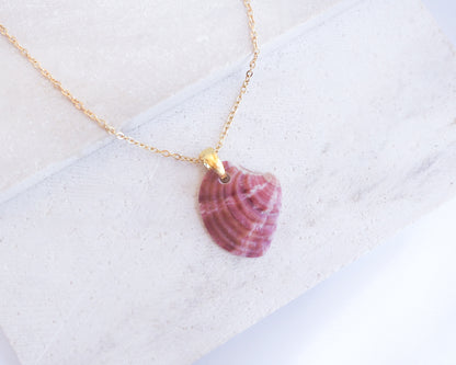Bordeaux Fuchsia Venus Shell Gold Necklace on stone displayed