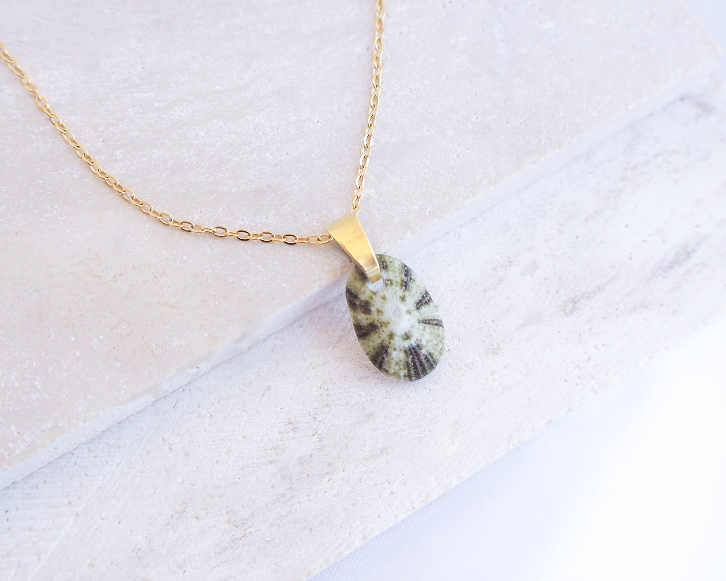 Necklace with a teardrop-shaped green stone pendant on a light background. Close up of Tiny Green Common Keyhole Limpet Shell Gold Necklace displayed on stone