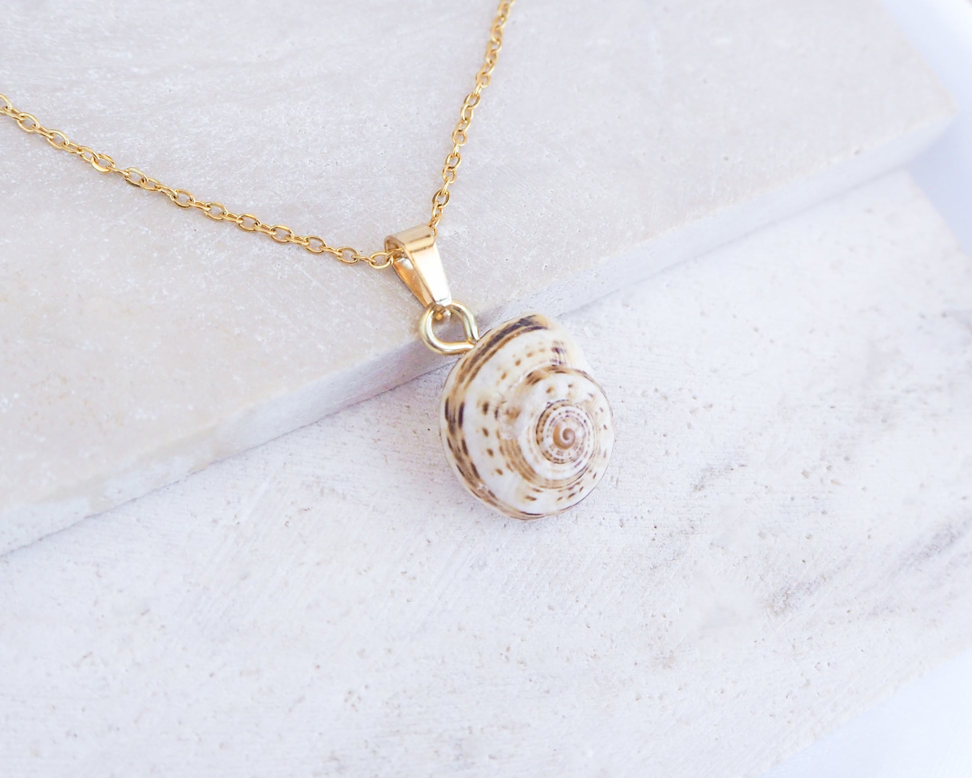 Gold Mediterranean Coastal Snail Necklace IV, Caracol, Sand Snail from Portugal close up on display