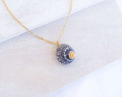 Necklace with a shell pendant on a white fabric background. Gold Lined Top Shell Necklace, Shell from Portugal side view