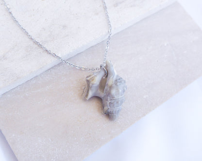 Grey Pelican Foot Shell Silver Necklace, Real Grey Shell from Algarve, Portugal, Silver Stainless Steel chain. A silver necklace with a seashell pendant. The pendant is a pale grey colour, with a textured surface and spiral design. The delicate chain suspends the seashell.